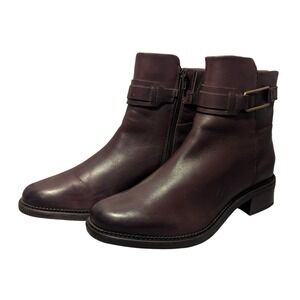 Clarks Ankle Boots Women 8 Burgundy Leather Buckle Strap Side Zip Block Heel